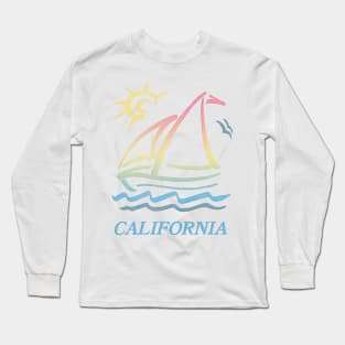 80s Vintage Style / California Aesthetic Sailboat Faded Design Long Sleeve T-Shirt